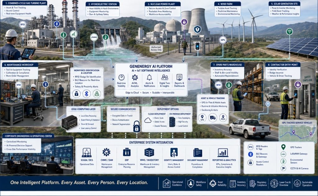 GenEnergy AI diagram showing AI and IoT across gas, hydro, nuclear, wind, solar, maintenance, and warehouse operations